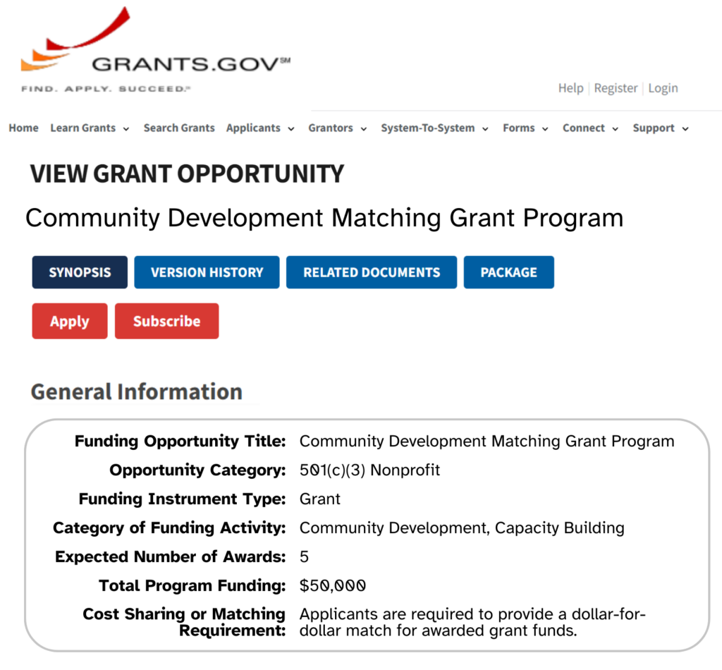 Grants.gov matching grants search tool