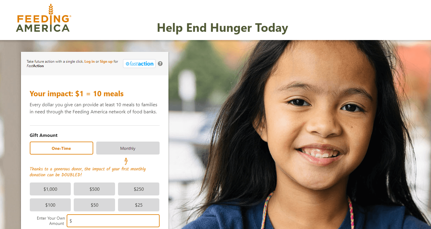 Screenshot of the Feeding America nonprofit donation page