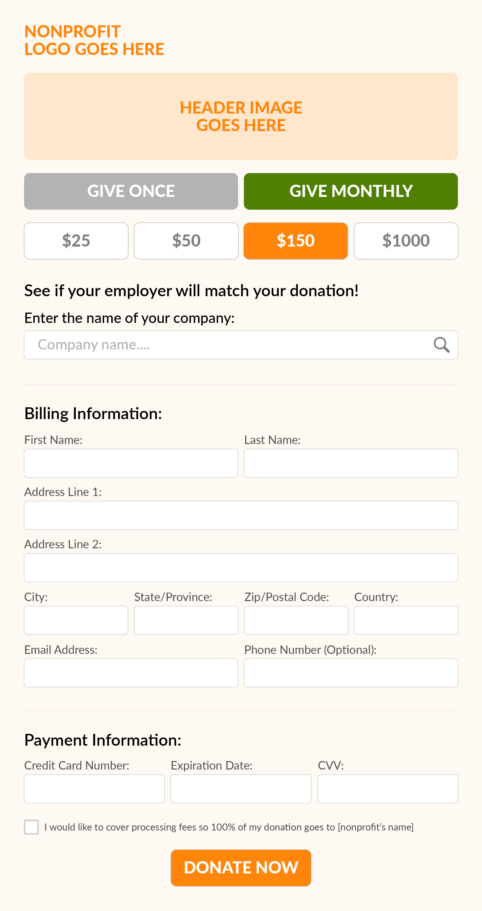 Nonprofit donation page template that includes the best practices listed in the section below