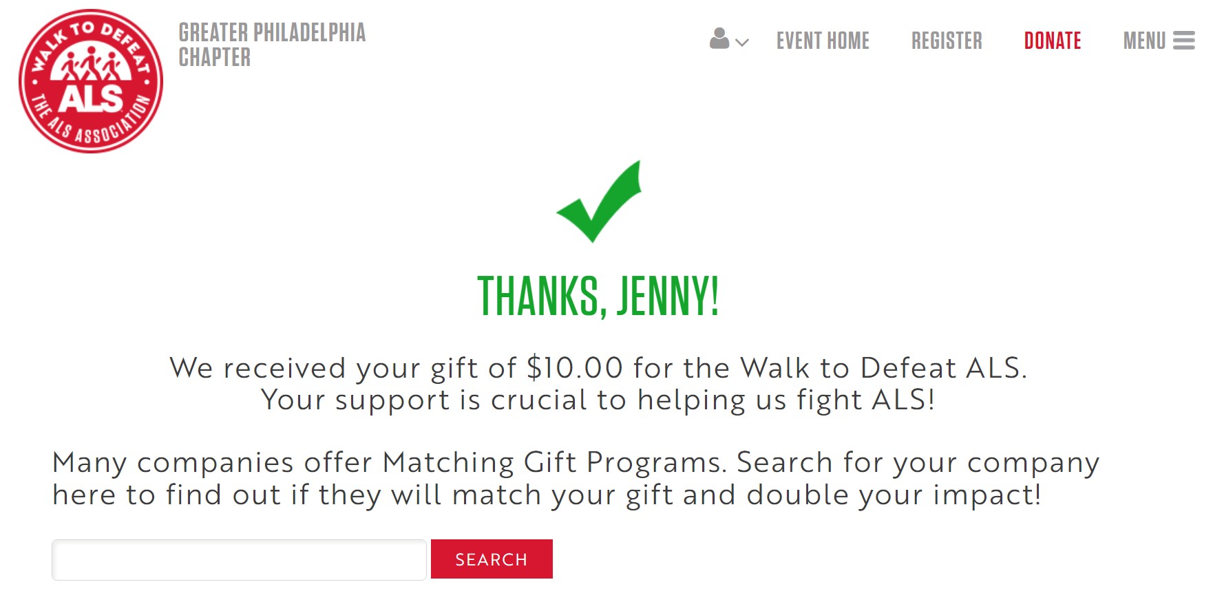 Walk to Defeat ALS matching gift efforts