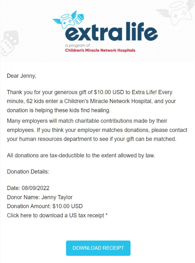 Extra Life matching gift efforts