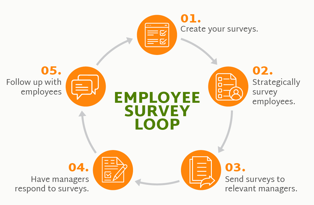 The image shows the five steps in the employee survey closed-feedback loop, detailed below.