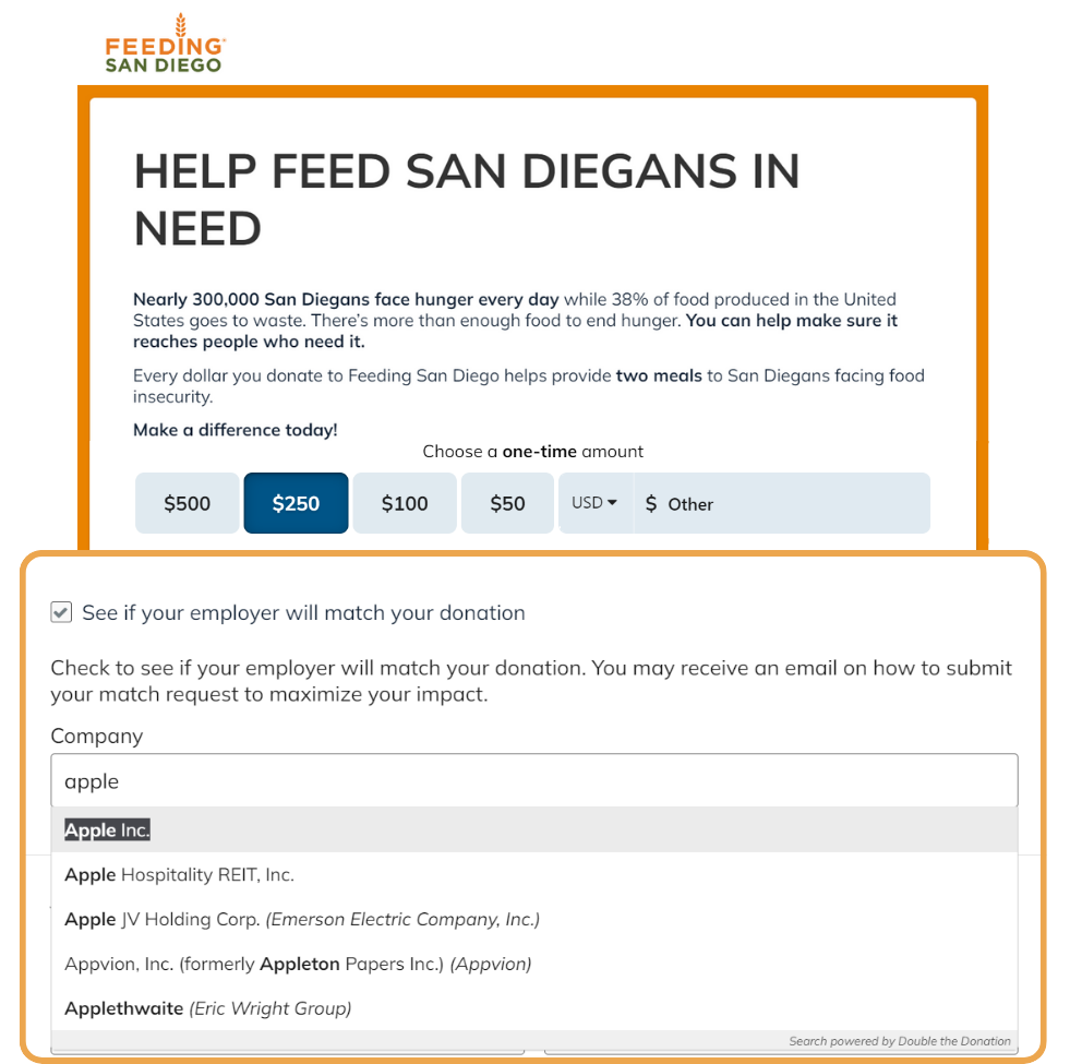 Feeding San Diego's matching gifts and matching grants example