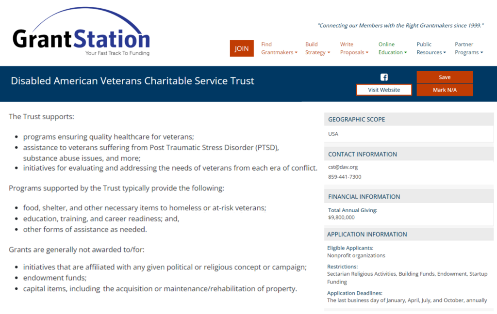 GrantStation matching grants search tool