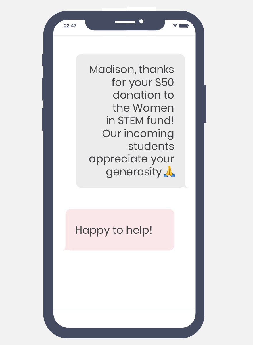An image of a phone screen displaying a message from a nonprofit and a response from a donor.