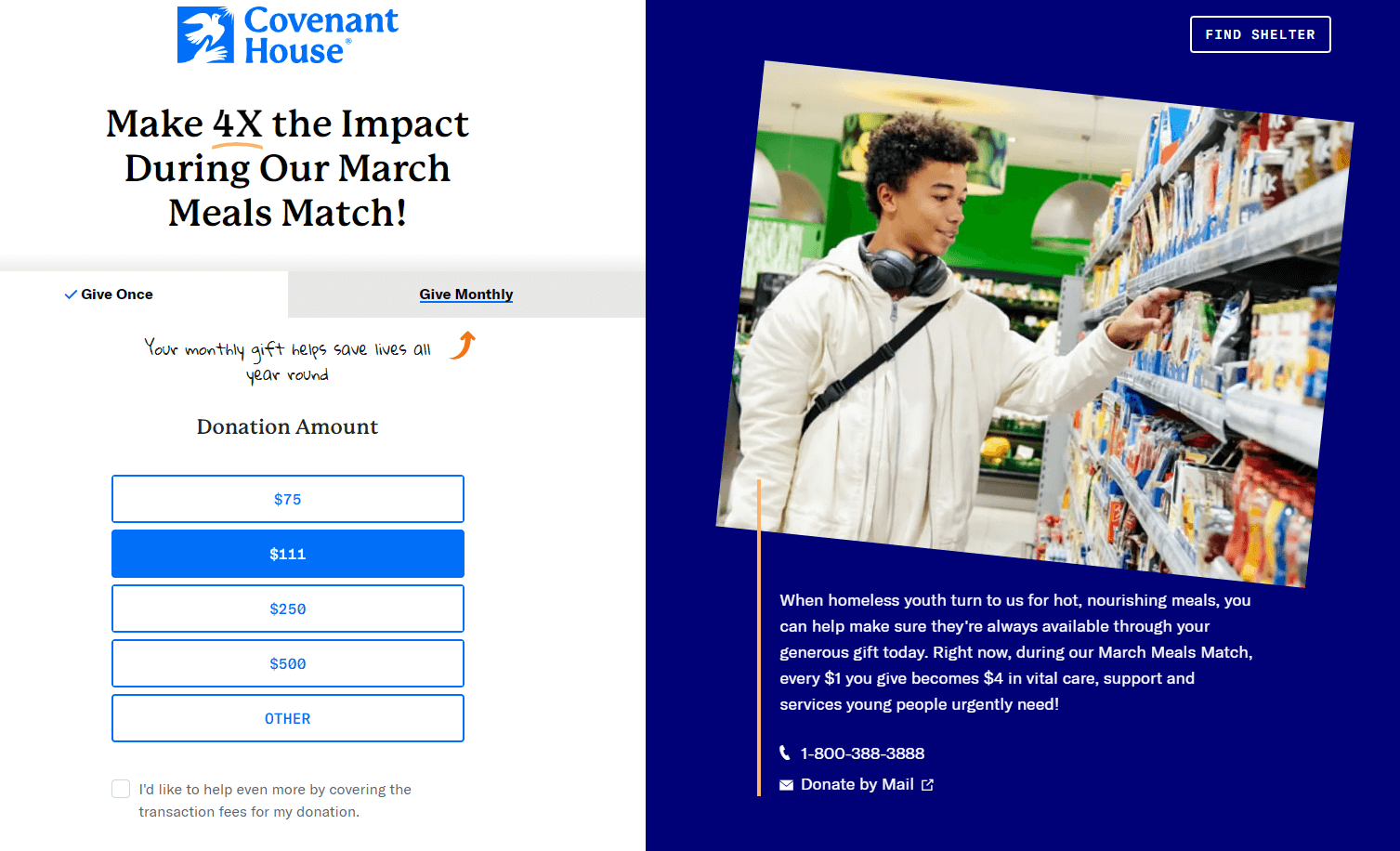 Screenshot of the Covenant House nonprofit donation page