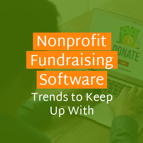 The article’s title, “Nonprofit Fundraising Software Trends to Keep Up With,” overlaid atop someone accessing a donation page on a laptop.