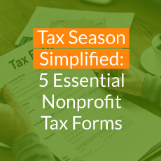 The title of the post—“Tax Season Simplified: 5 Essential Nonprofit Tax Forms”—overlaid on a photo of someone reviewing a tax return.