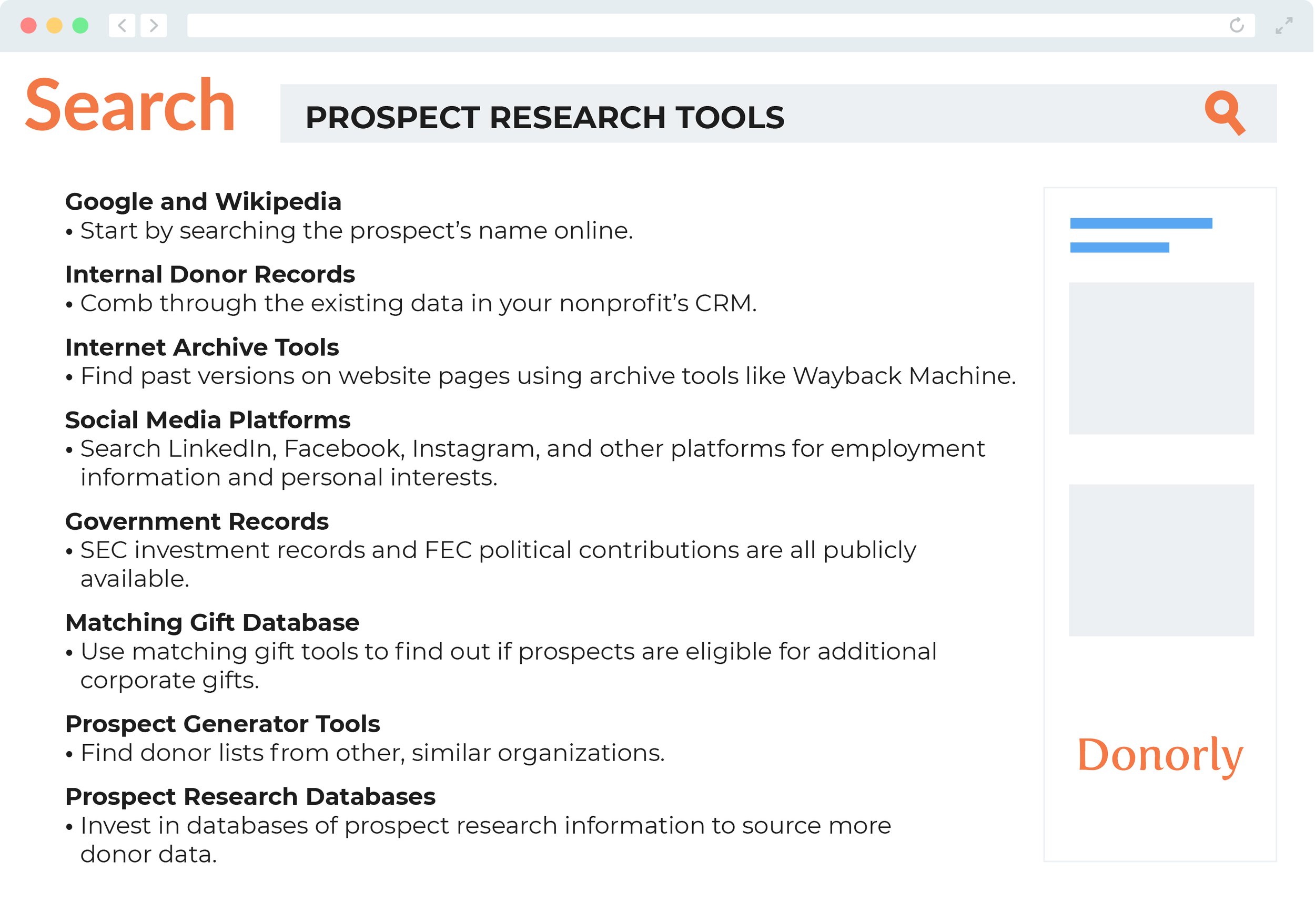 Prospect research tools to use for major donor identification, also listed in the text below