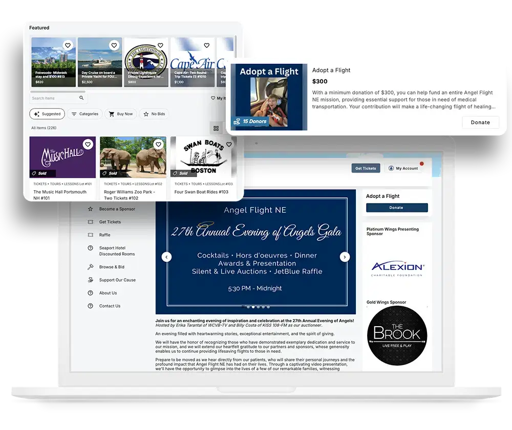 Screenshots from the OneCause auction software, showing sponsor recognition features
